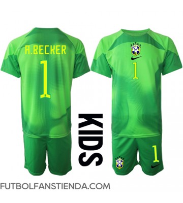 Brasil Alisson Becker #1 Portero Segunda Equipación Niños Mundial 2022 Manga Corta (+ Pantalones cortos)